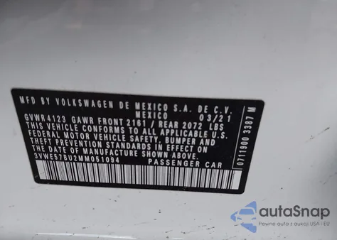 2021 Volkswagen Jetta 1.4T Sel z USA, uszkodzony, nr VIN 3VWE57BU2MM051094